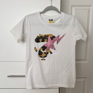 Bape White Tee with Camo Skull and Pink Metallic Star